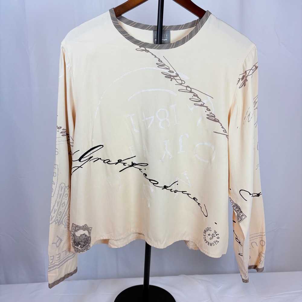Staley Gretzinger Cream Postage Graphic Print L/S Blouse Top XL Lagenlook Boho